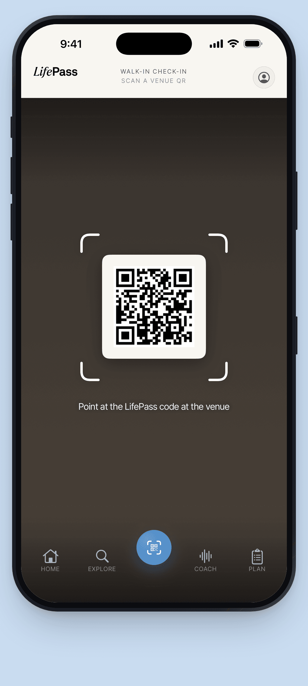 The LifePass app scanning a venue's QR code